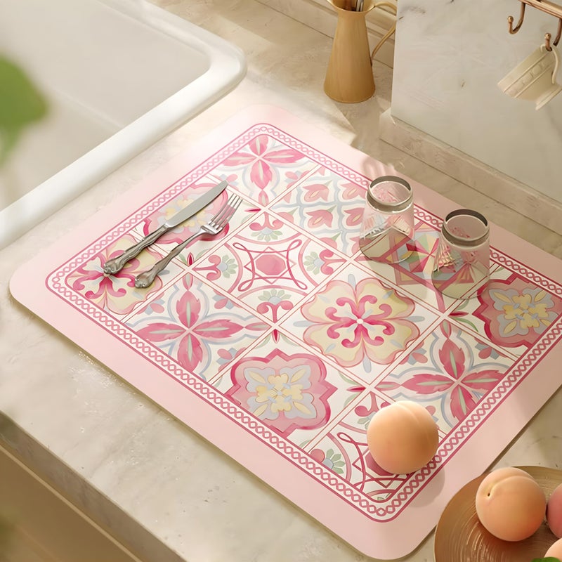 Lilithmanor Coffee Mat, Boho Style Dish Drying Mat, Fast Water Absorption, Hide Stains, Easy to Clean, Fit Coffee Bar Accessories, Bar Mats for Countertop (12"x19", Pink Checkered) - Image 1