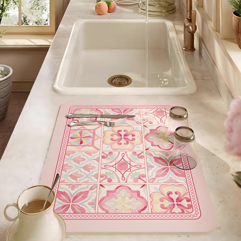 Lilithmanor Coffee Mat, Boho Style Dish Drying Mat, Fast Water Absorption, Hide Stains, Easy to Clean, Fit Coffee Bar Accessories, Bar Mats for Countertop (12"x19", Pink Checkered) - Image 2