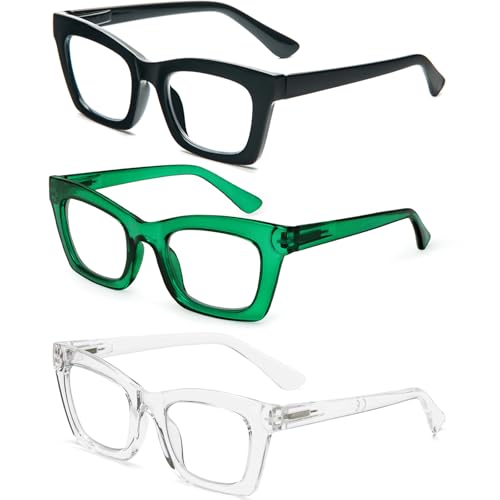 REAVEE 3 Pack Oprah Style Reading Glasses Blue Light Blocking Computer Square Readers for Women with Spring Hinge Anti Glare/Eyestrain, Black Green Clear 1.5 - Image 2