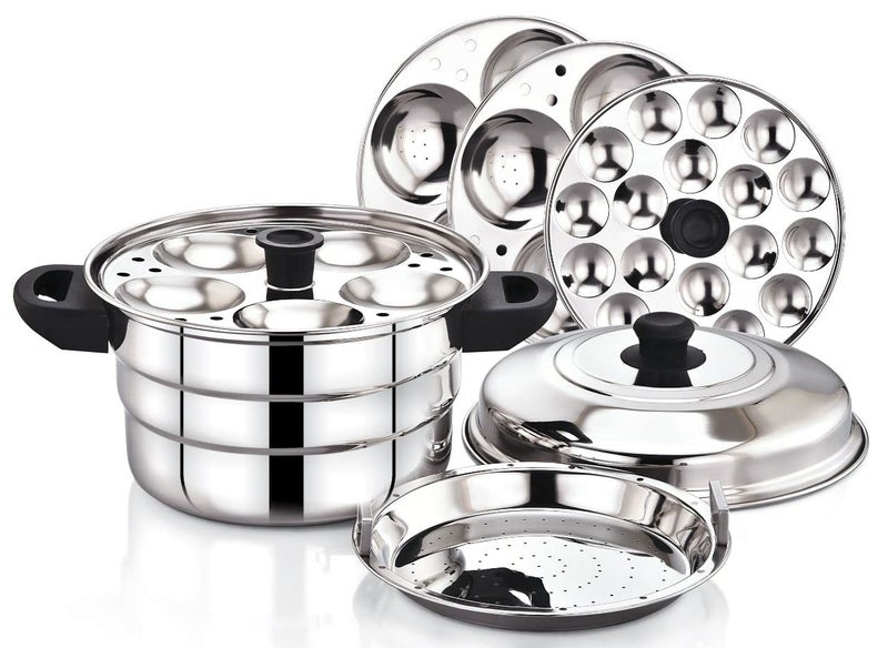 Diamond Diamond Stainless Steel Multi-Steaming Induction Base with 3 Idli Plates (13 Idlies), 1 Mini Idli Plate (18 Idlies), 1 Steamer Plate - Image 1