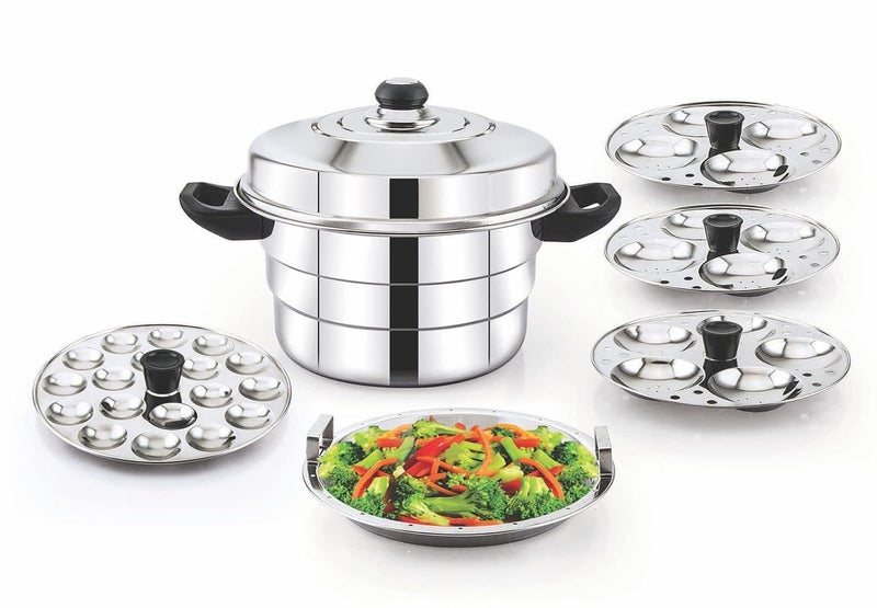 Diamond Diamond Stainless Steel Multi-Steaming Induction Base with 3 Idli Plates (13 Idlies), 1 Mini Idli Plate (18 Idlies), 1 Steamer Plate - Image 3