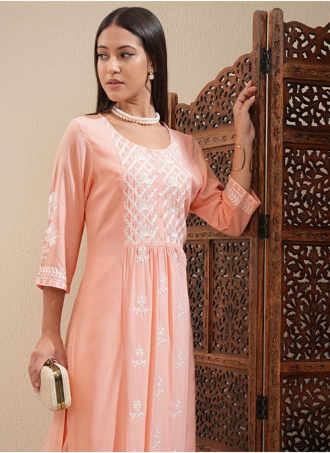 Vishudh Floral Embroidered Thread Work Straight Kurta & Palazzos Set by Styli  - Image 1