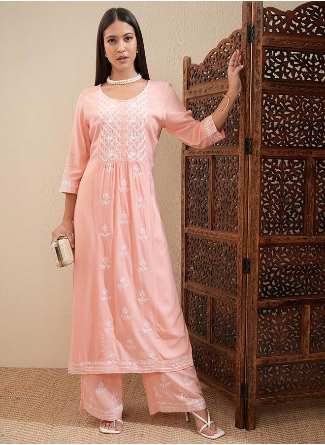 Vishudh Floral Embroidered Thread Work Straight Kurta & Palazzos Set by Styli  - Image 2