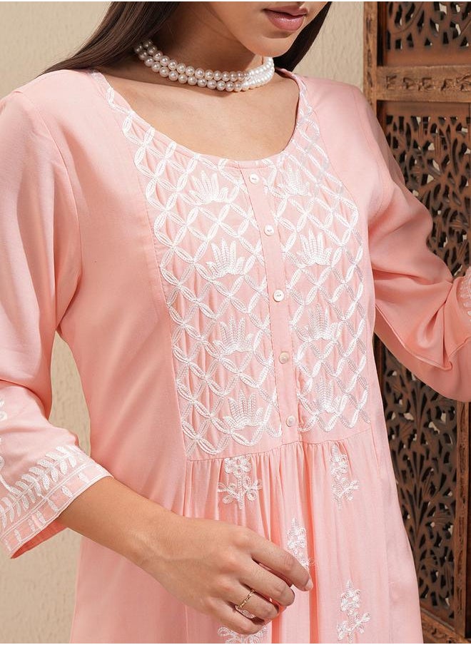 Vishudh Floral Embroidered Thread Work Straight Kurta & Palazzos Set by Styli  - Image 5