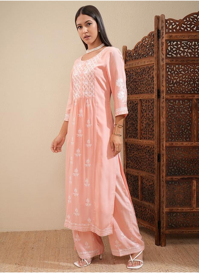 Vishudh Floral Embroidered Thread Work Straight Kurta & Palazzos Set by Styli  - Image 4