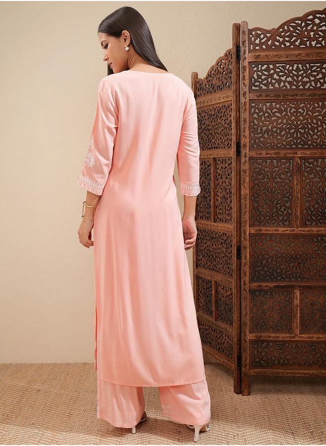 Vishudh Floral Embroidered Thread Work Straight Kurta & Palazzos Set by Styli  - Image 3