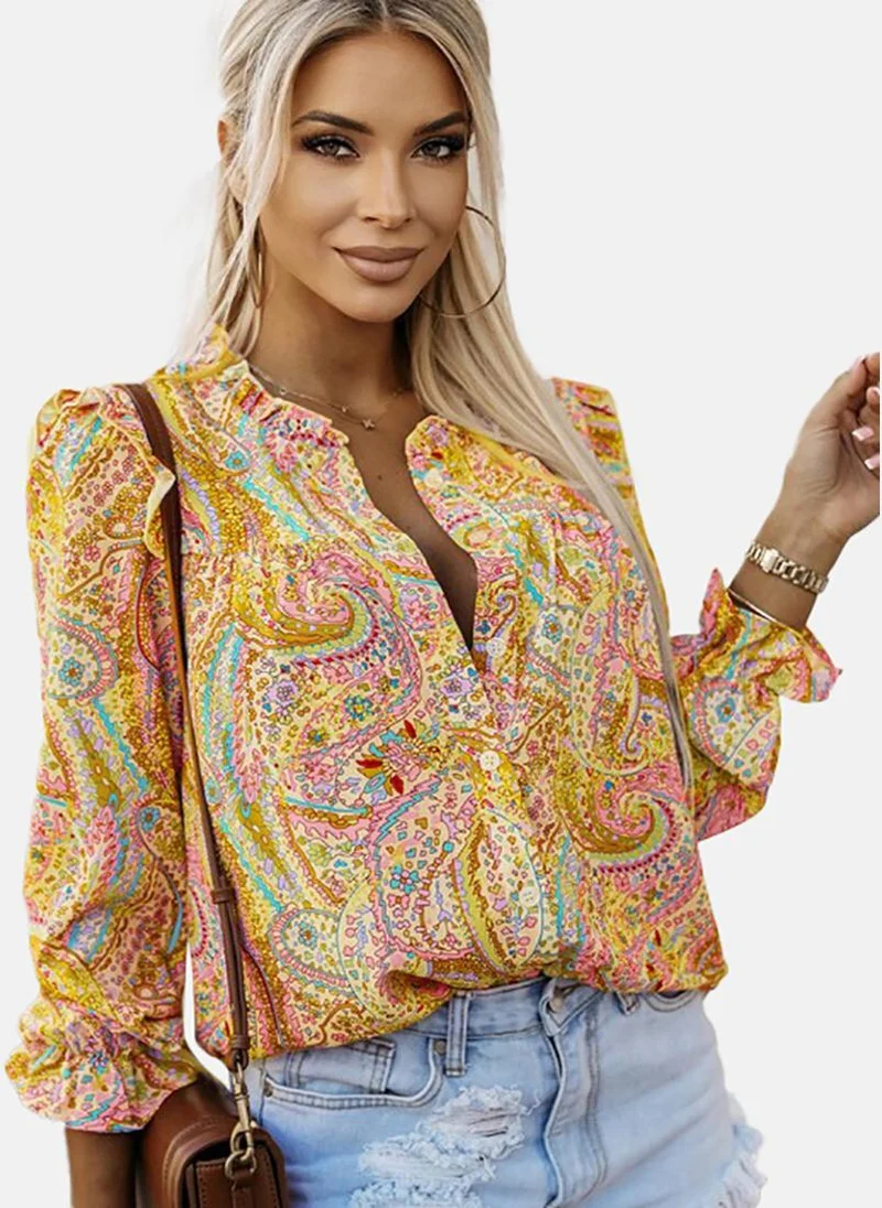 يونيكي Yellow Printed Long Sleeve V Neck Tunics