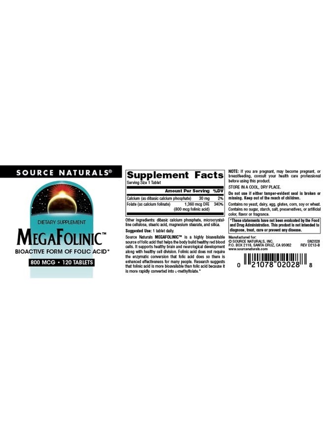 Source Naturals MegaFolinic , Bioactive Form of Folic Acid, 800 mcg - 120 Tablets - Image 4