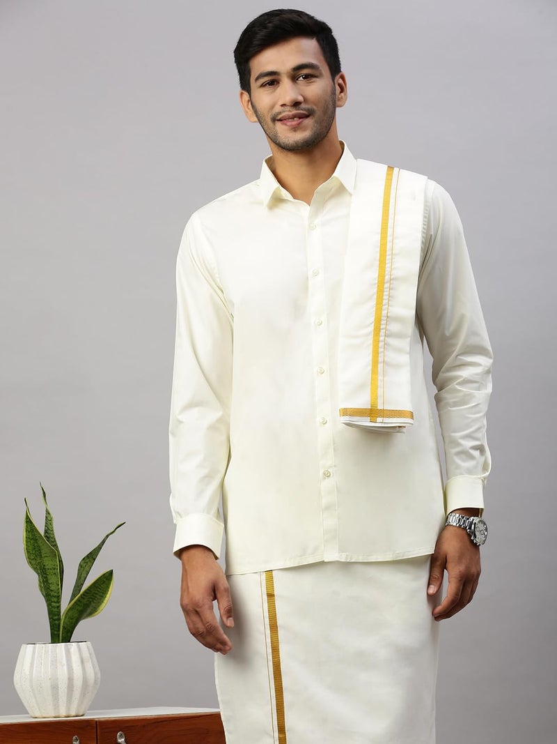 RAMRAJ COTTON رامراج قطن قميص رجالي صلب من القطن النقي بلون الكريم مع طقم دوتي بحد ذهبي 1/2 بوصة مع طقم منشفة (كريم;40) - Image 4