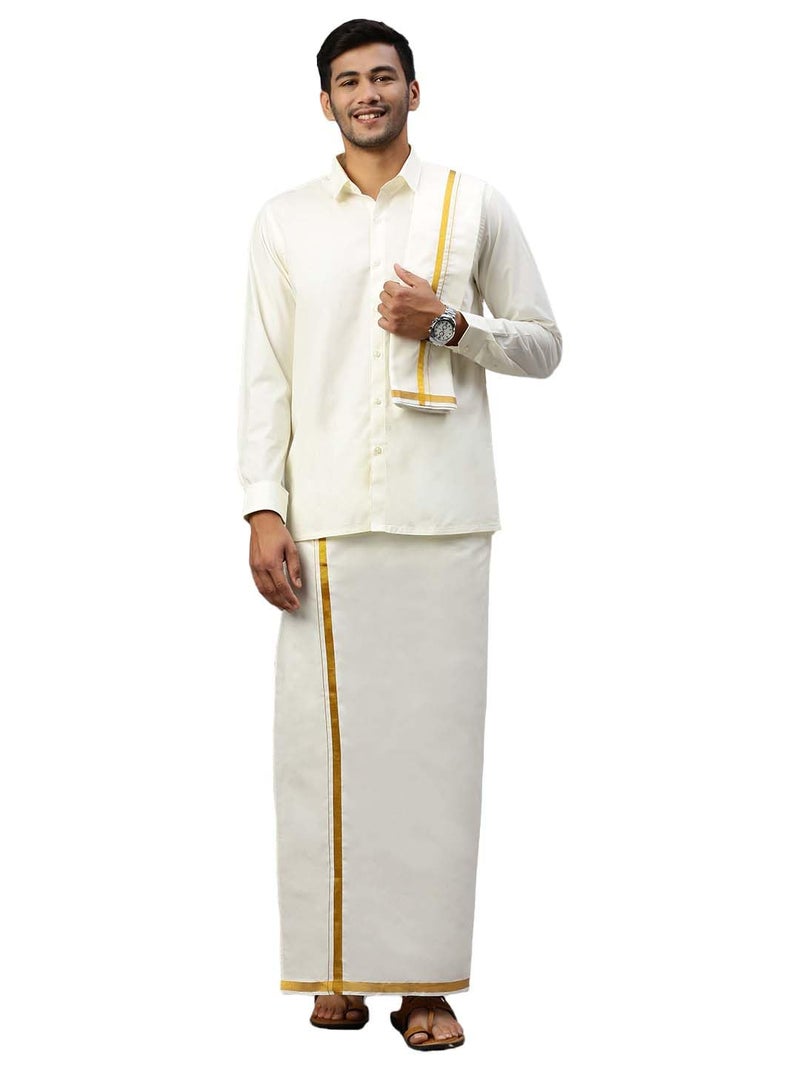RAMRAJ COTTON رامراج قطن قميص رجالي صلب من القطن النقي بلون الكريم مع طقم دوتي بحد ذهبي 1/2 بوصة مع طقم منشفة (كريم;40) - Image 1
