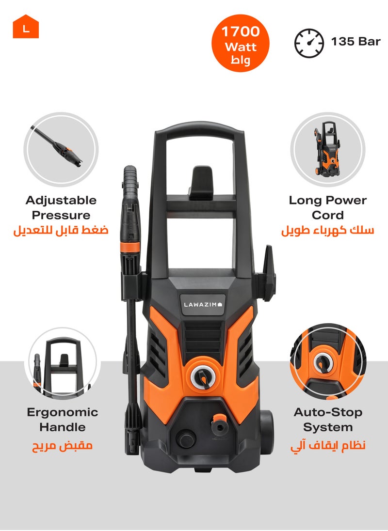 LAWAZIM - Professional High-Pressure Washer 135Bar -1700W - Electric Cleaner with BS Plug, Adjustable Nozzle, Soap Dispenser, 5m Hose - Wheeled Washer for Home Car Outdoor Patio and Industrial Cleaning - Image 1