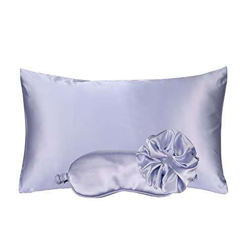 KISMETICS - Vegan Silk Sleep Set, Vegan Silk Pillowcase with Large Scrunchie and Eye Mask for Hair and Skin, Self Care Essential Satin Night Routine Kit (Purple Color) - Image 1