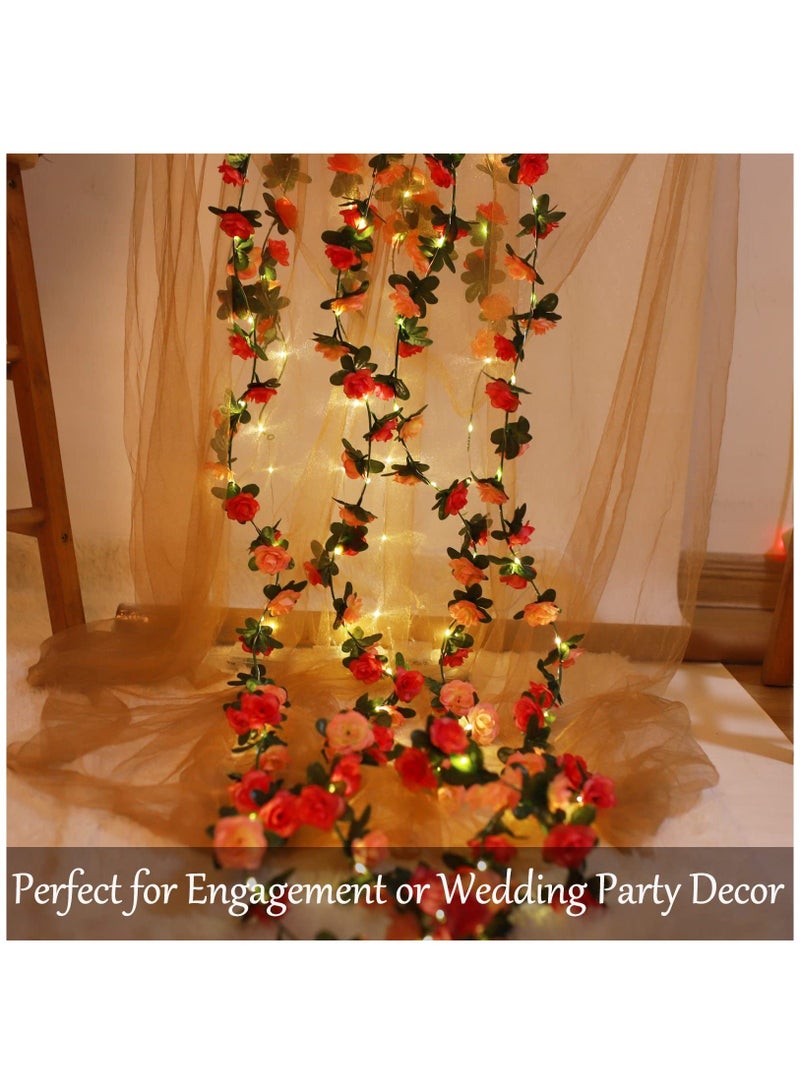 Flower Rose Vine Fairy String Lights, Battery Powered Artificial Rose Flower Garland with Lights for Wedding Birthday Party Bedroom Home Garden Decor, 2 Pack ,50 LED