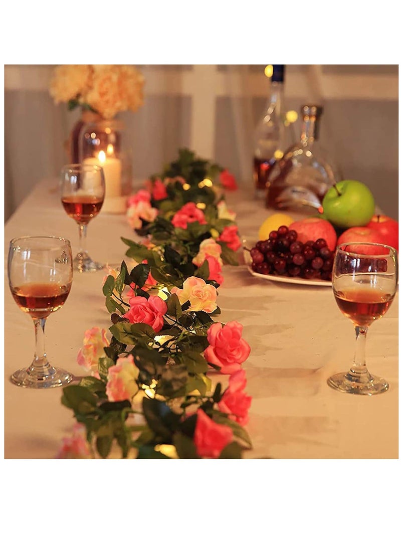 Flower Rose Vine Fairy String Lights, Battery Powered Artificial Rose Flower Garland with Lights for Wedding Birthday Party Bedroom Home Garden Decor, 2 Pack ,50 LED