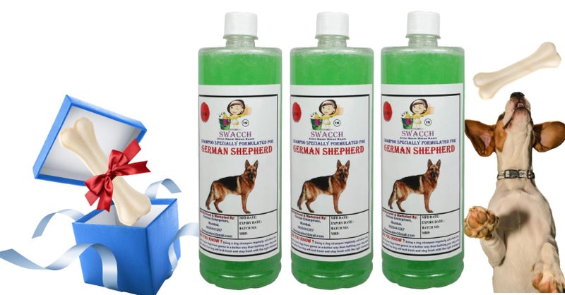swacch Shampoo | Puppy Safe Shampoo | German Shepherd Dog Shampoo (1 Litre) (Pack of 3) Neem Alovera + Large White Bone | Dog Chew Bones | Teething chew Toy | Dental Teething |Combo Pack - Image 1