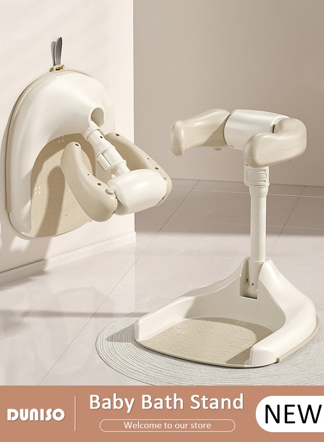 DUNISO Baby Shower Stand with Support Stool,Adjustable Toddler Shower Stand Shower Standing Support and Anti-Slip, Anti-Dumping, Easy to Clean
