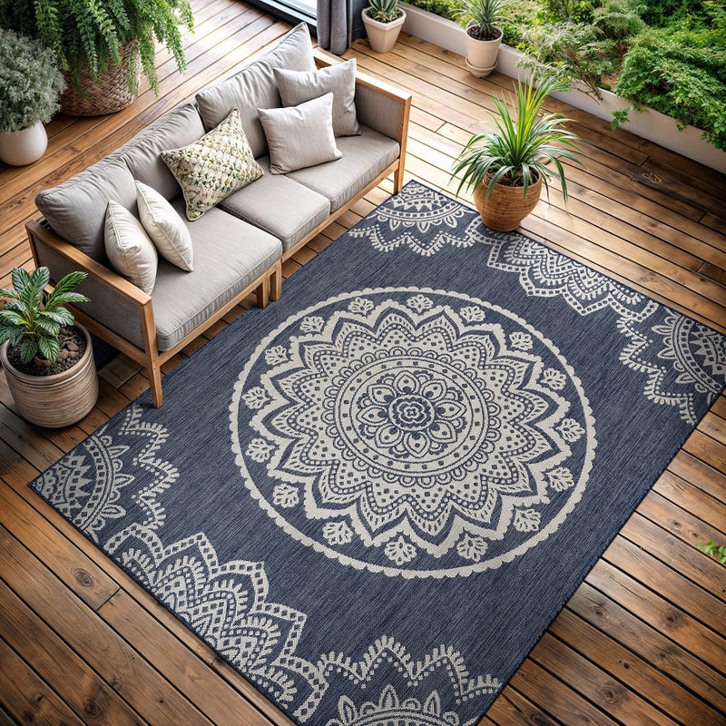 CAMILSON Outdoor Rug 5x7 Modern Area Rugs for Indoor and Outdoor Patios and Porches - Waterproof, Washable, Non-Shedding, Easy-to-Clean Outside Carpet (5 x 7, Medallion - Blue/White) - Image 1
