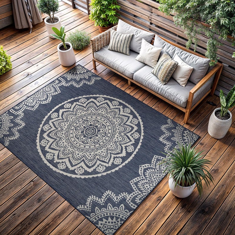 CAMILSON Outdoor Rug 5x7 Modern Area Rugs for Indoor and Outdoor Patios and Porches - Waterproof, Washable, Non-Shedding, Easy-to-Clean Outside Carpet (5 x 7, Medallion - Blue/White) - Image 4