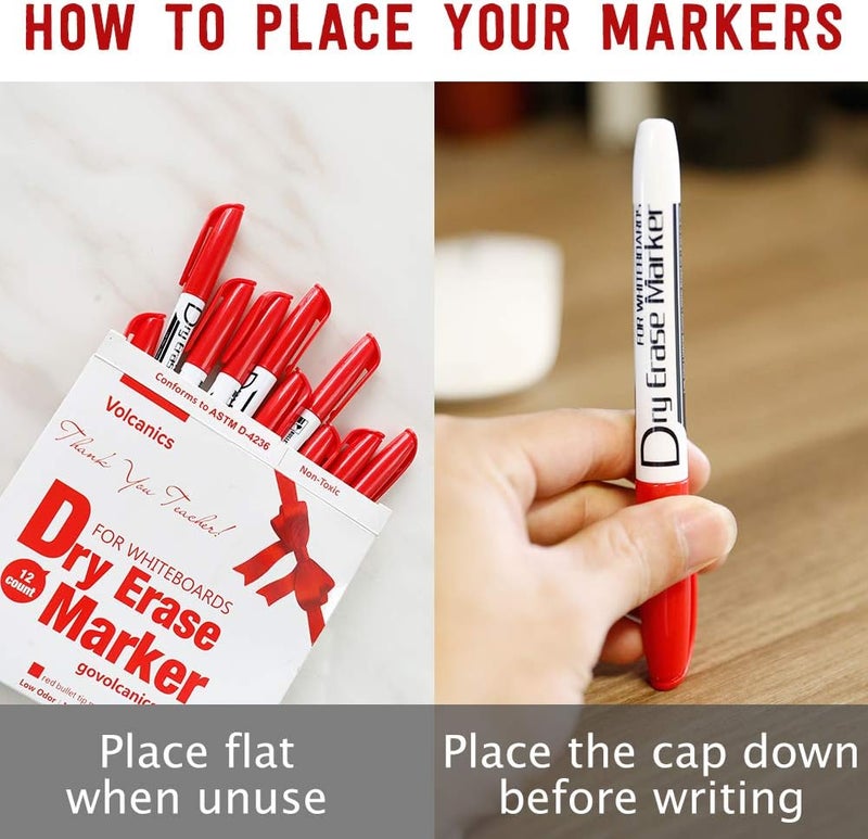 Volcanics Red Dry Erase Markers Low Odor Fine Whiteboard Markers Thin Box of 12 - Image 2