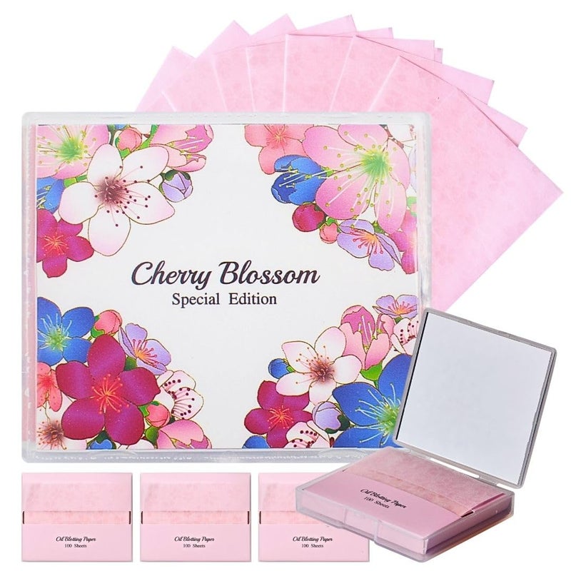 400 Counts  Mirror Case Cherry Blossom Natural Oil Blotting Paper for Face with Mirror Compact and Refills