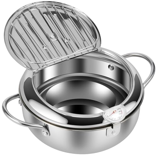 Abizarch 8.2 Inch Deep Fryer Pot with Strainer Basket and Thermometer,Stainless Steel Deep Frying Pot with Handle, Janpanese Style Oil Mini Fryer Dishwasher Safe for Fish Shrimp Chicken, 2.2L - Image 2