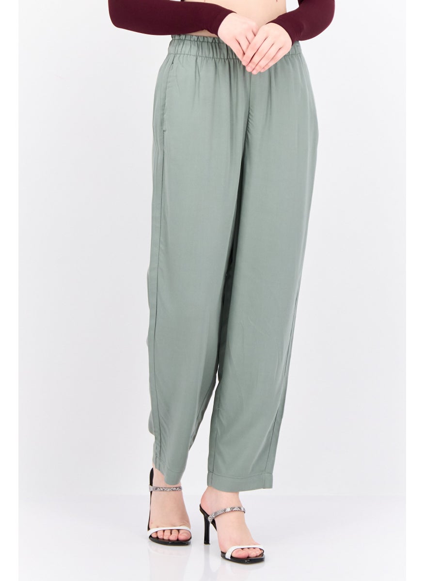 MANGO Women Regular Fit Plain Straight Leg Pants, Dusty Olive  - Image 1