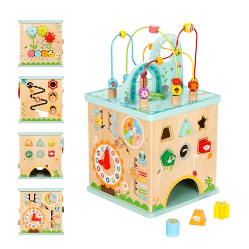 OOOK Allinone Activity Center 5 in 1 Baby Activity Table with Gear Game Kids Sensory Table Play Cube with Montessori Calendar Bead Maze Shape Sorter Ball Drop and More - Image 1