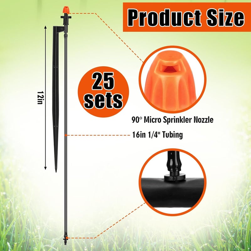 Geelin 25 Pcs Drip Spray Emitters, Micro Sprinkler Heads with Stake, 90 Degree Sprinkler Nozzle with 1/4" Drip Irrigation Tubing for Garden Irrigation System - Image 2