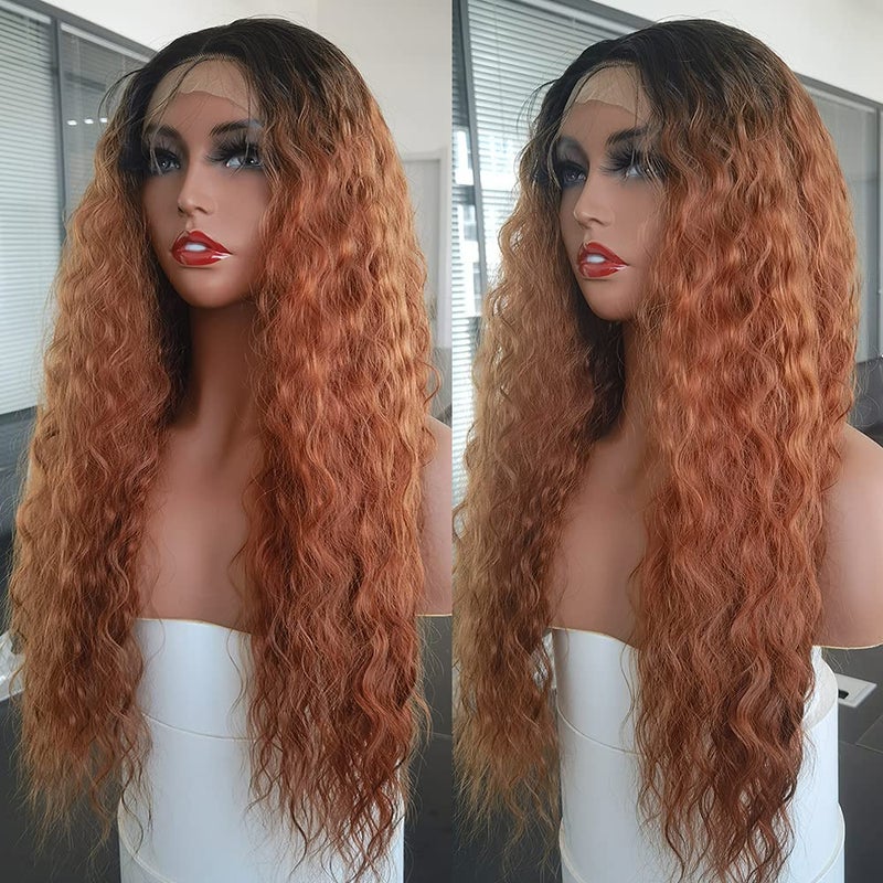 ANDRIA 13x4 HD Transparent Lace Front Wigs 26 Inch Honey Brown Curly Pre-Plucked Glueless Hair with Baby Hairs Ombre Red Brown 200% Density Deep Wave Wigs For Black Woman - Image 1