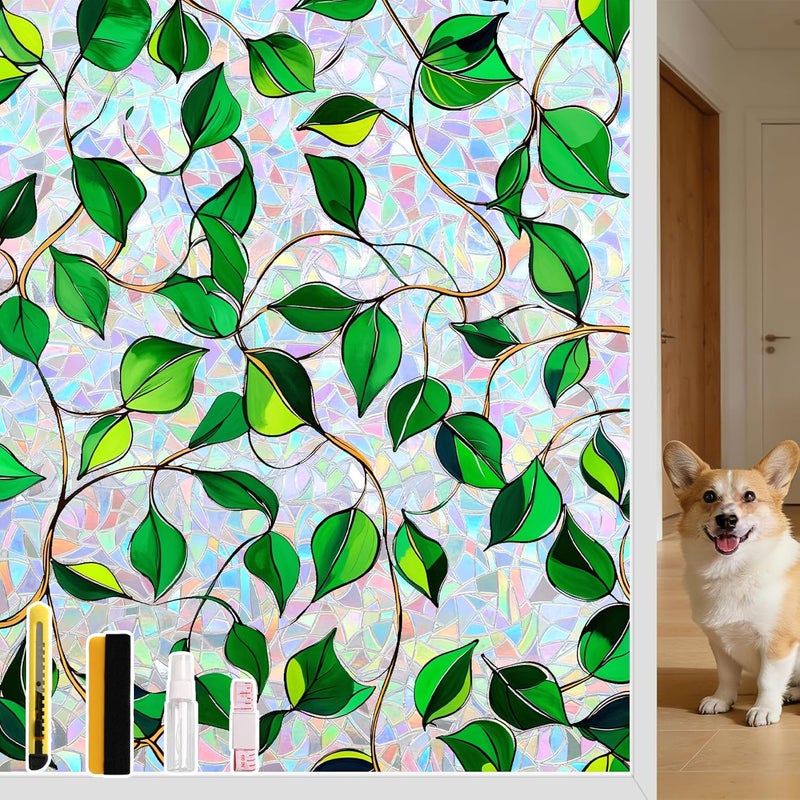 NINETREX Window Tinting Film Green Leaf Pattern Window Film Adhesive Window Film with UV Protection and Decorative Surface for Living Rooms, Kitchens and Bedrooms (44.5x200cm) - Image 1