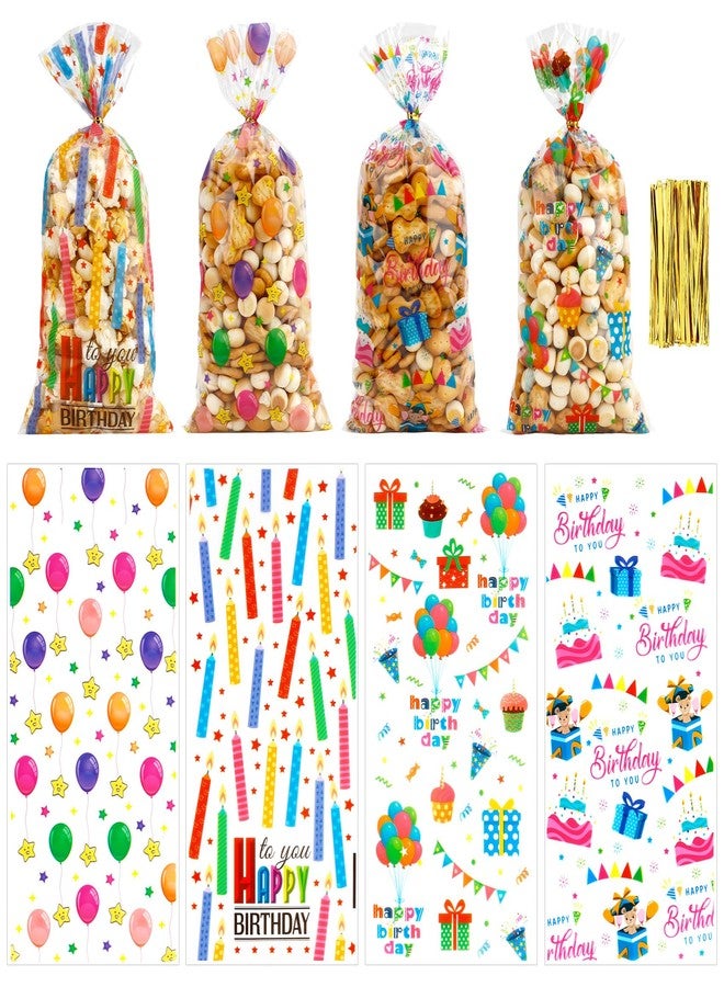 eowqeiur 100 PCS Happy Birthday Cellophane Treat Bags(5x11 Inch with Ties Colorful Plastic Goodie Candy Cookie Goody Loot Gifts Bags Bulk Pouches for Birthday Party Favors Supplies Decorations for Kids - Image 1
