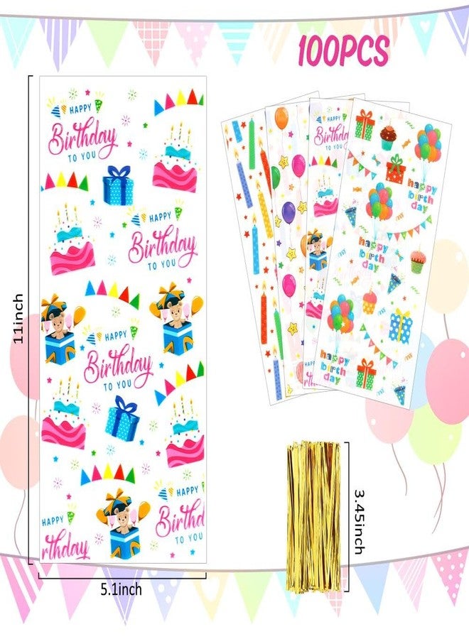 eowqeiur 100 PCS Happy Birthday Cellophane Treat Bags(5x11 Inch with Ties Colorful Plastic Goodie Candy Cookie Goody Loot Gifts Bags Bulk Pouches for Birthday Party Favors Supplies Decorations for Kids - Image 2
