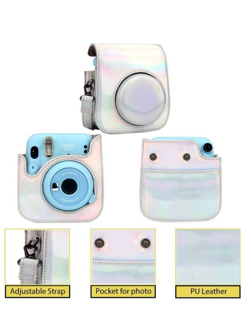 Protective Camera Case Compatible with Fujifilm Instax Mini 11 Instant Camera Bag/PU Leather Fashion Beautiful Painting Pattern Instax Camera Cover w/Removable Strap Pocket (Shiny Silver) - Image 4