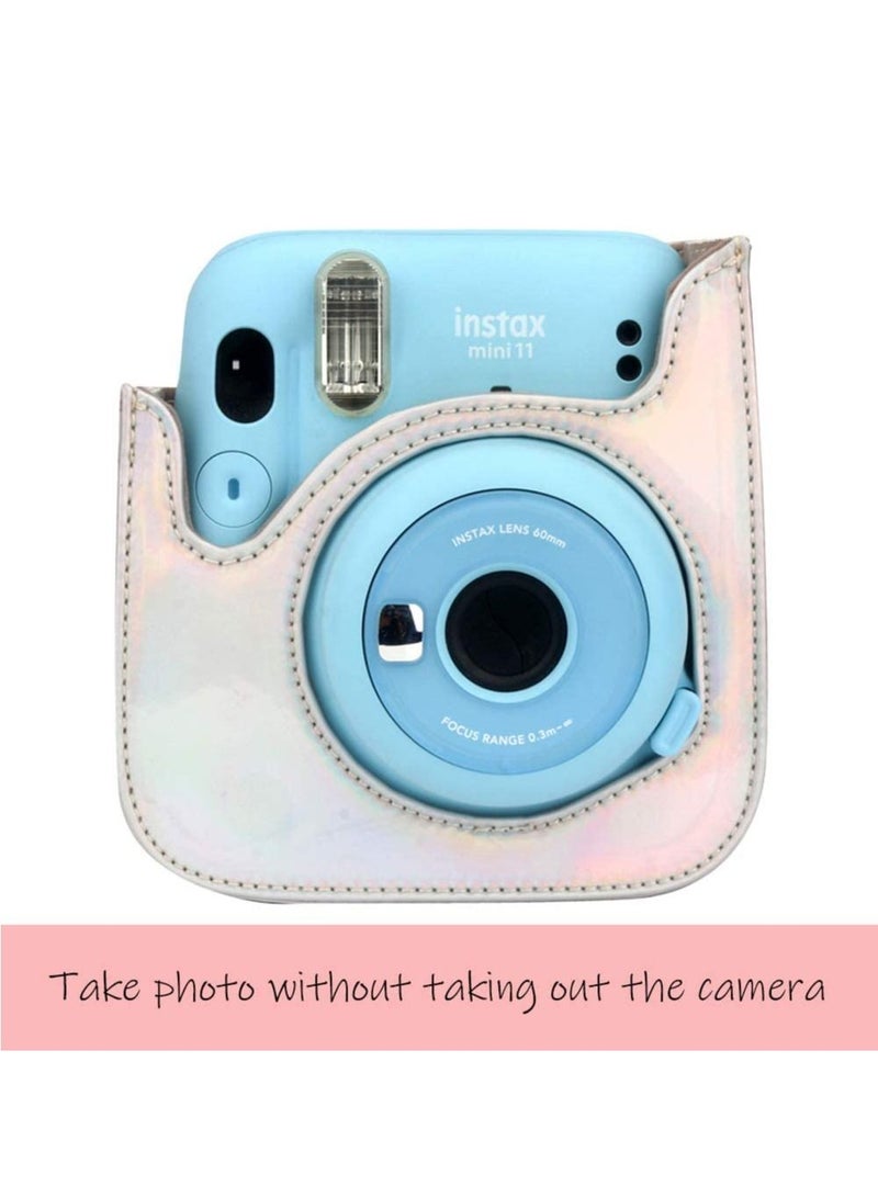 Protective Camera Case Compatible with Fujifilm Instax Mini 11 Instant Camera Bag/PU Leather Fashion Beautiful Painting Pattern Instax Camera Cover w/Removable Strap Pocket (Shiny Silver) - Image 5