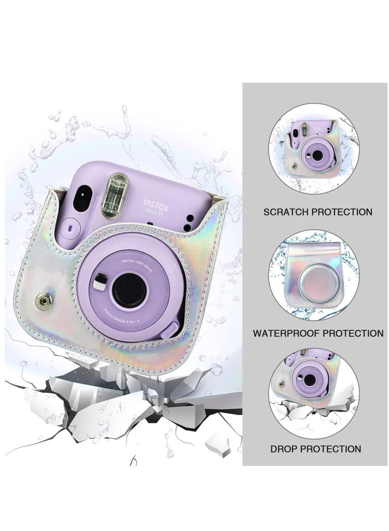 Protective Camera Case Compatible with Fujifilm Instax Mini 11 Instant Camera Bag/PU Leather Fashion Beautiful Painting Pattern Instax Camera Cover w/Removable Strap Pocket (Shiny Silver) - Image 3