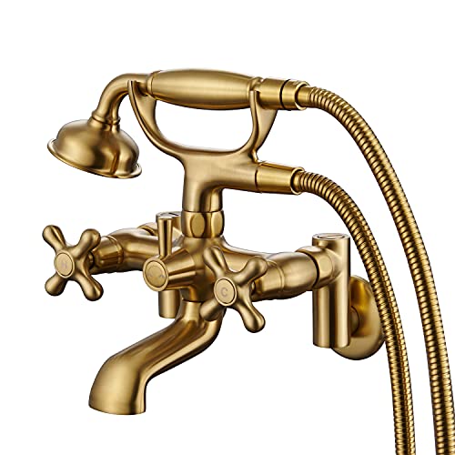 Hanallx Bathtub Faucet Wall Mount Tub Faucet with Hand Shower 3 to 9 in Center Vintage Brushed Gold Wall Mount Tub Filler wall mount faucet 8 in Bathtub Faucet Set with Shower Diverter with Valve - Image 1