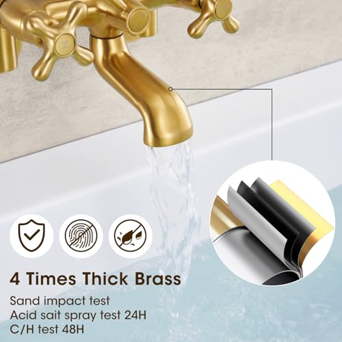 Hanallx Bathtub Faucet Wall Mount Tub Faucet with Hand Shower 3 to 9 in Center Vintage Brushed Gold Wall Mount Tub Filler wall mount faucet 8 in Bathtub Faucet Set with Shower Diverter with Valve - Image 5