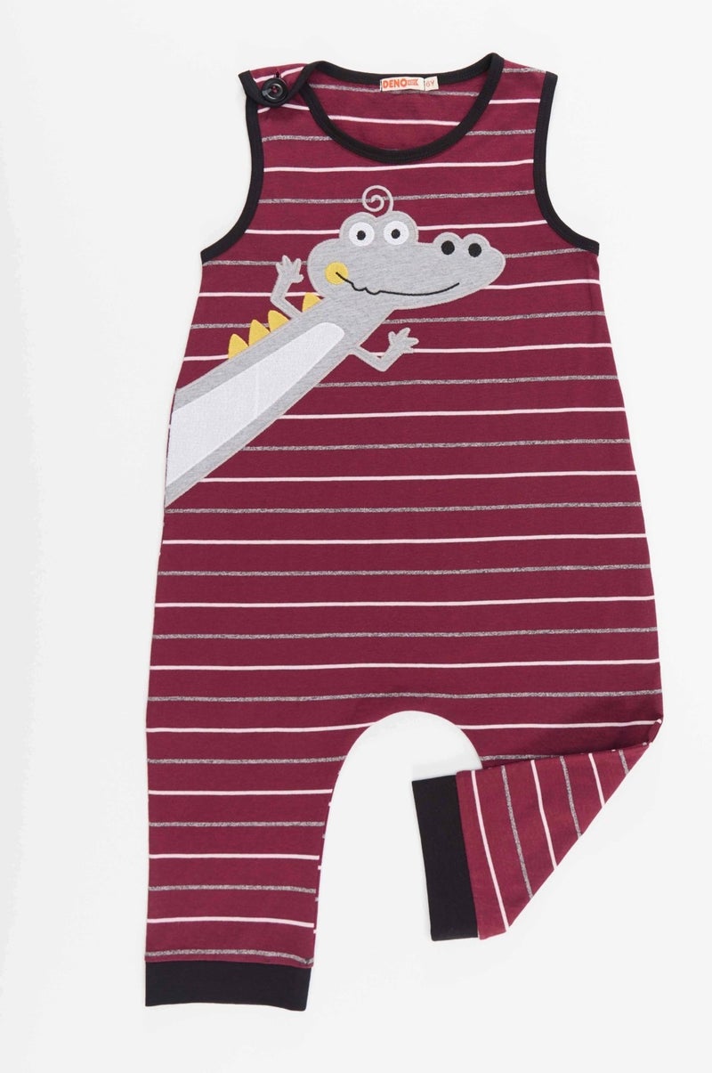 Denokids Funny Crocodile Boy Cotton Claret Red Overalls  - Image 3