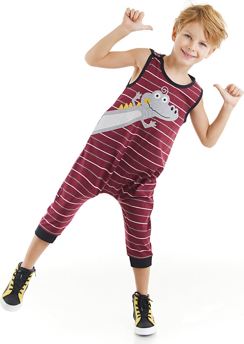 Denokids Funny Crocodile Boy Cotton Claret Red Overalls  - Image 1