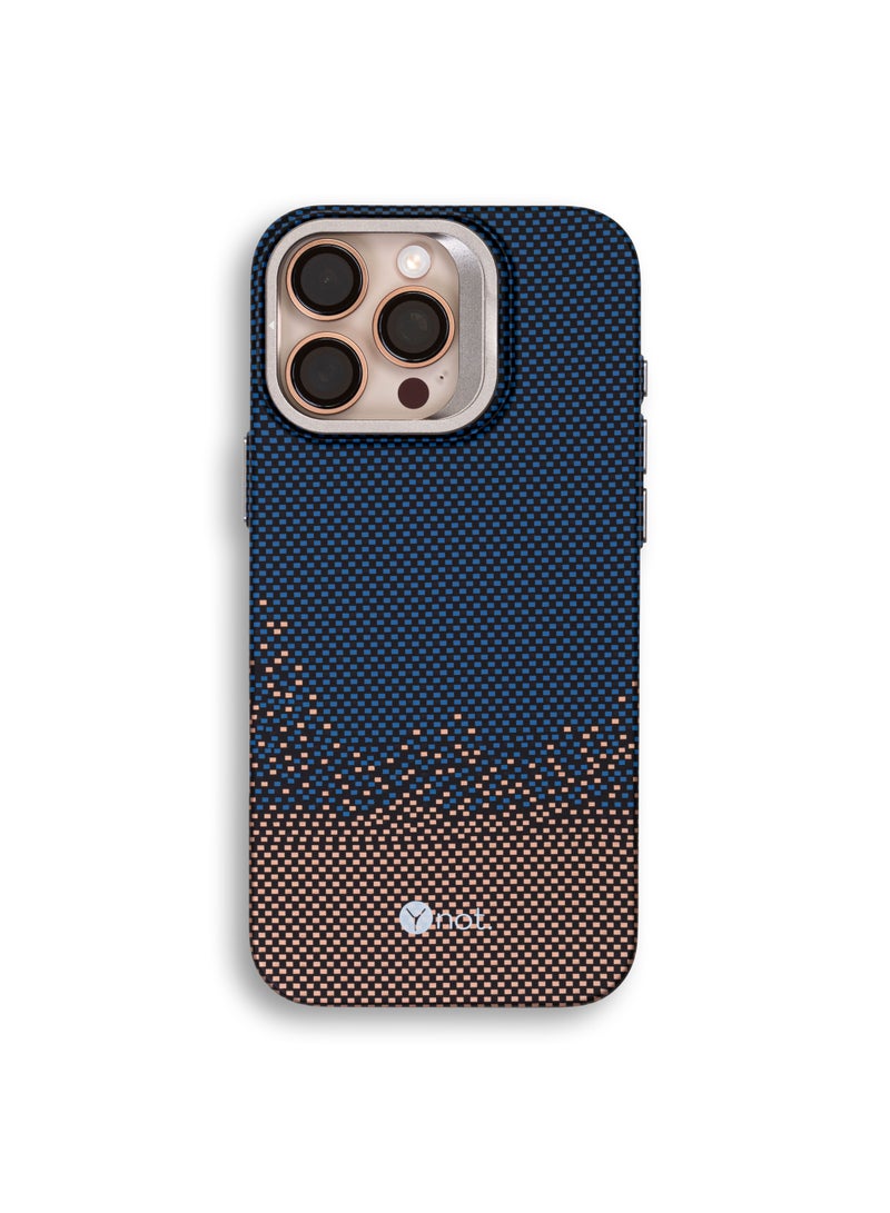 YNOT iPhone 15 Pro Kevlar Fiber Case with MagSafe and Stand - Blue & Brown - Image 1