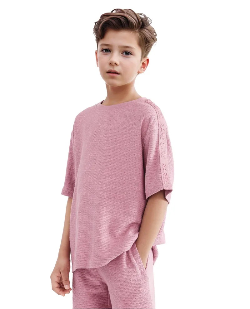 Rare Ones Rare Ones Kids Cols Pink Cotton Half Sleeves Crew Neck Oversized Fit Textured Solid T-Shirt