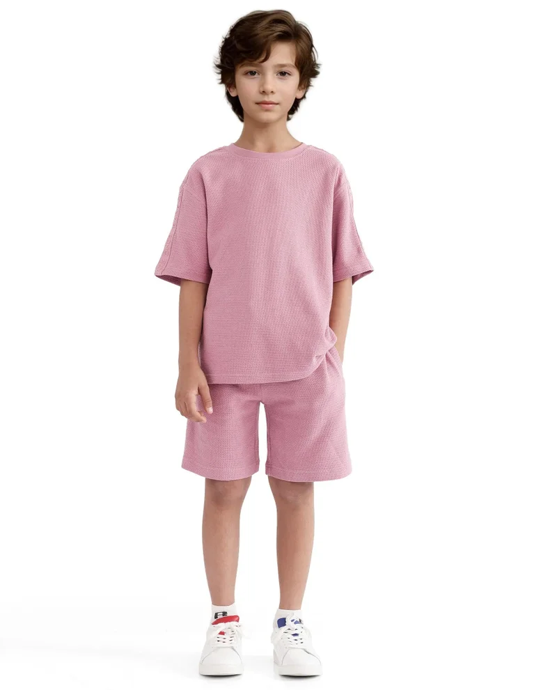 Rare Ones Rare Ones Kids Cols Pink Cotton Half Sleeves Crew Neck Oversized Fit Textured Solid T-Shirt