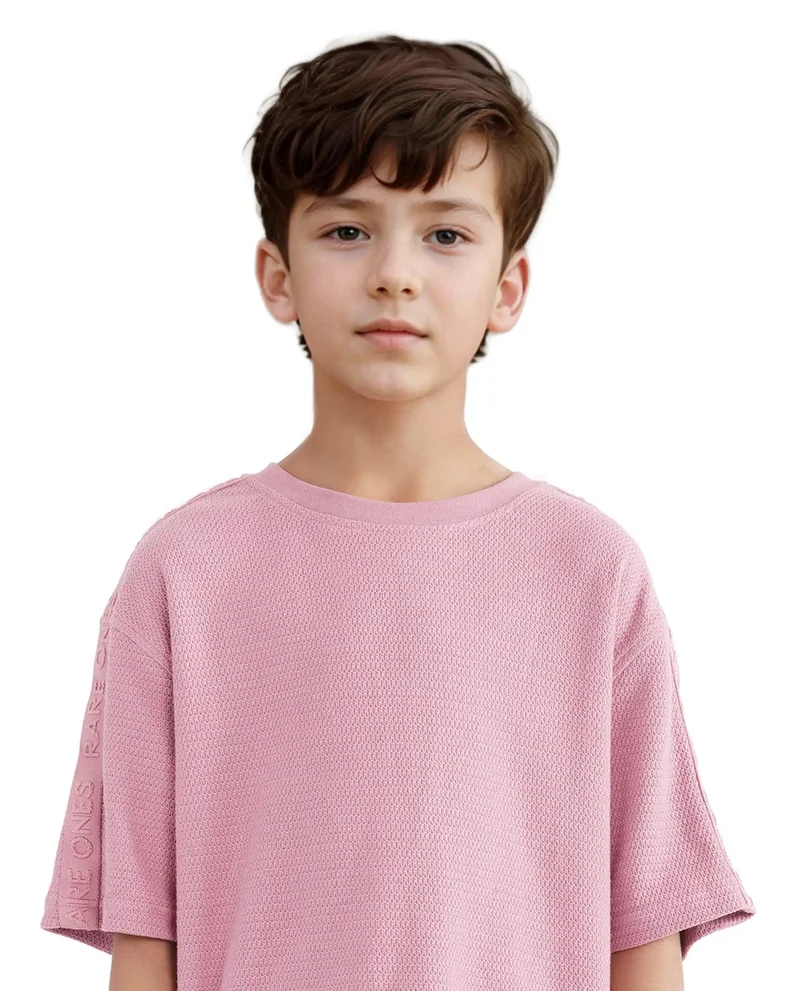 Rare Ones Rare Ones Kids Cols Pink Cotton Half Sleeves Crew Neck Oversized Fit Textured Solid T-Shirt