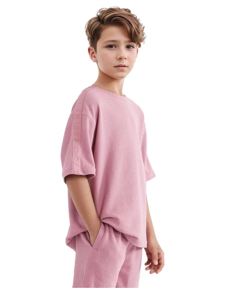 Rare Ones Rare Ones Kids Cols Pink Cotton Half Sleeves Crew Neck Oversized Fit Textured Solid T-Shirt