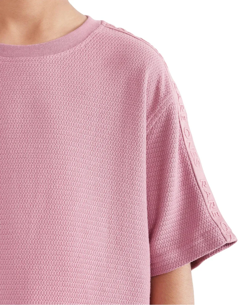 Rare Ones Rare Ones Kids Cols Pink Cotton Half Sleeves Crew Neck Oversized Fit Textured Solid T-Shirt