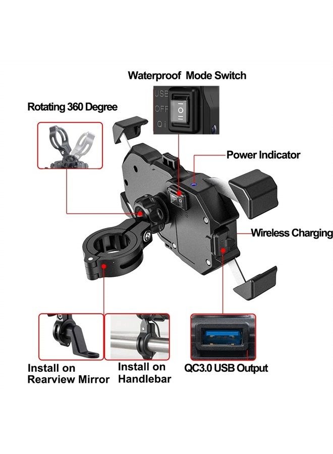 Motorcycle Wireless 15W Qi/USB Quick Charger 3.0 Phone Holder 2 in 1 Mount on 22-32mm Handlebar or Rear-View Mirror Fast Charging for 3.5-6.8 inch Cellphones