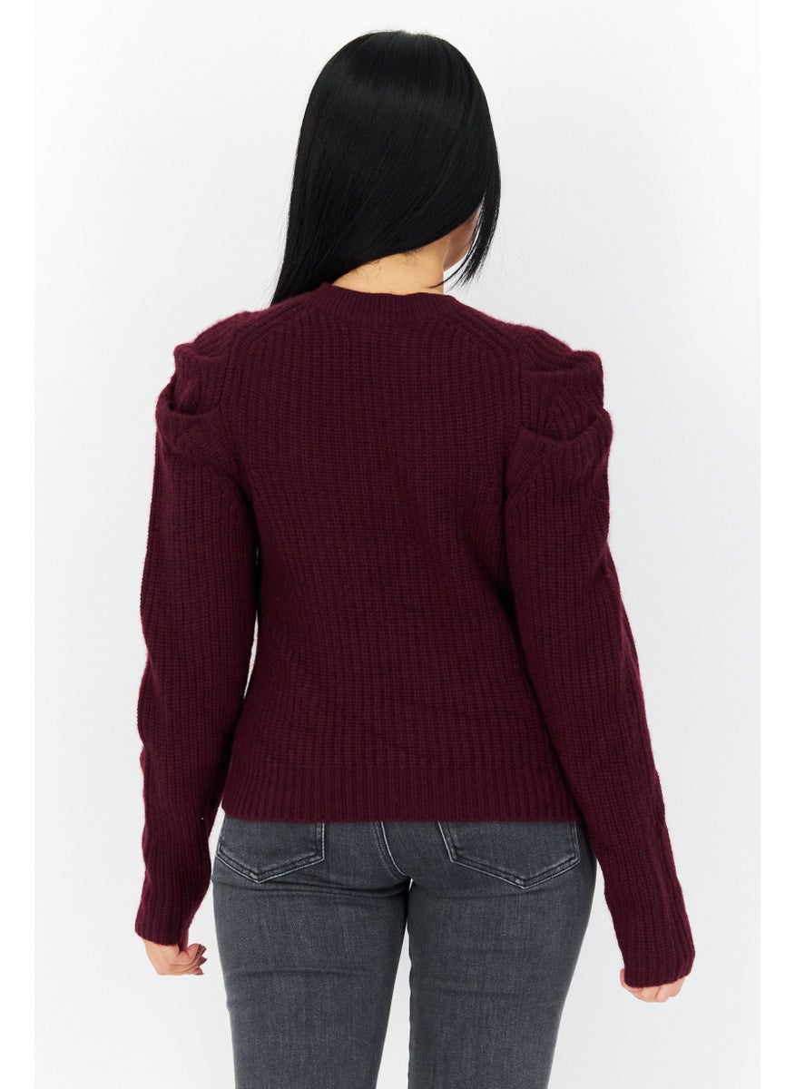 Aqua - Women Round Neck Knitted Sweater, Maroon - Image 1