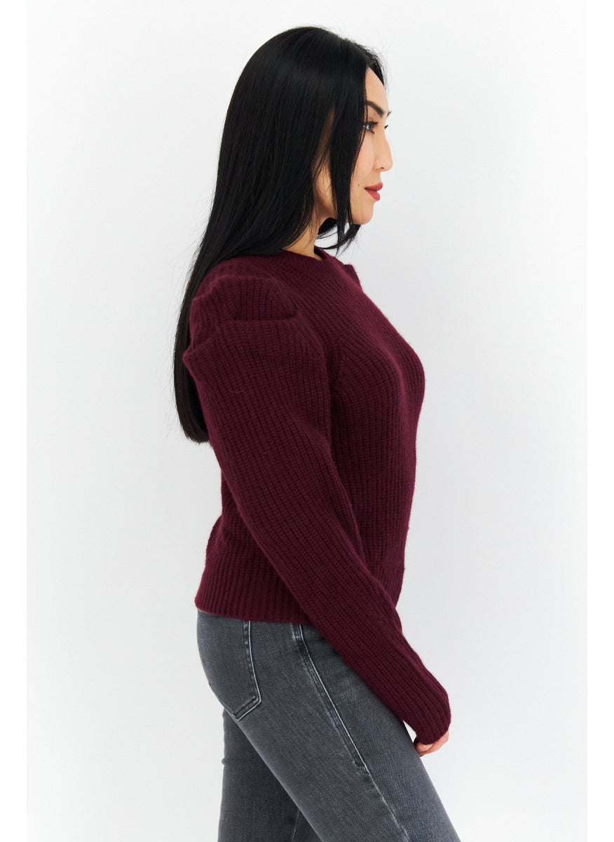 Aqua - Women Round Neck Knitted Sweater, Maroon - Image 1