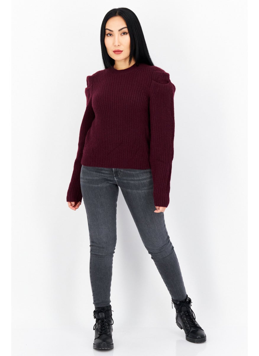 Aqua - Women Round Neck Knitted Sweater, Maroon - Image 1