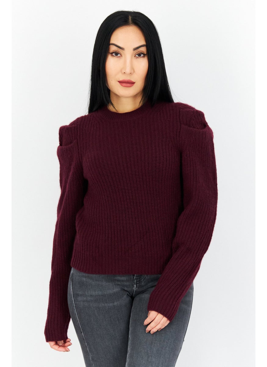 Aqua - Women Round Neck Knitted Sweater, Maroon - Image 1